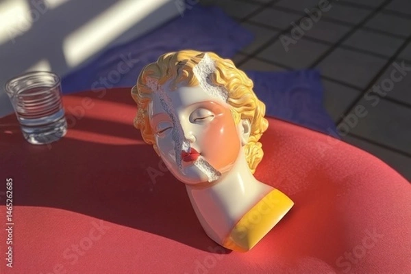 Obraz Ceramic bust with unique design on red table in sunlit room