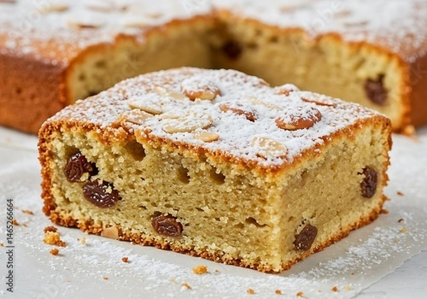 Fototapeta A close up of a slice of raisin cake with almonds and powdered sugar on a white surface near cake