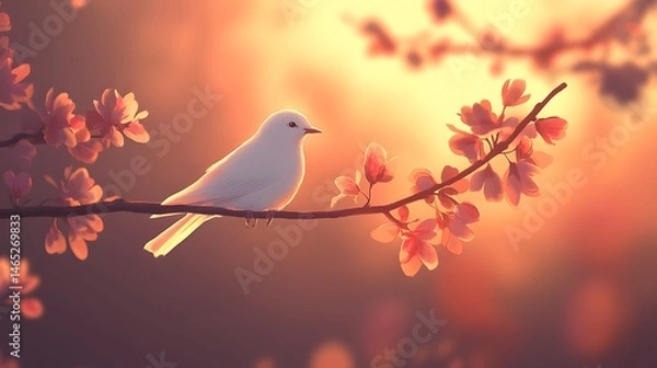 Obraz A serene white bird perched amidst blossoming spring flowers.