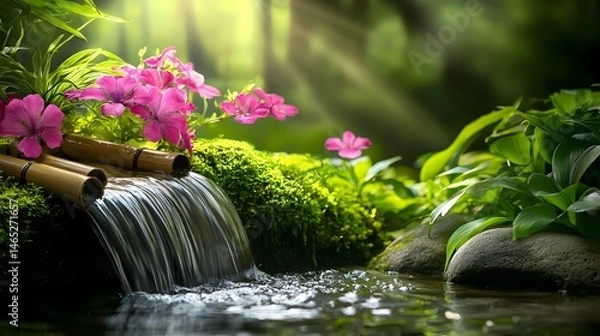 Obraz Peaceful water cascading over stones in a serene garden setting.