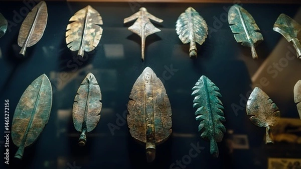 Obraz Ancient bronze leaf-shaped arrowheads displayed in a museum.