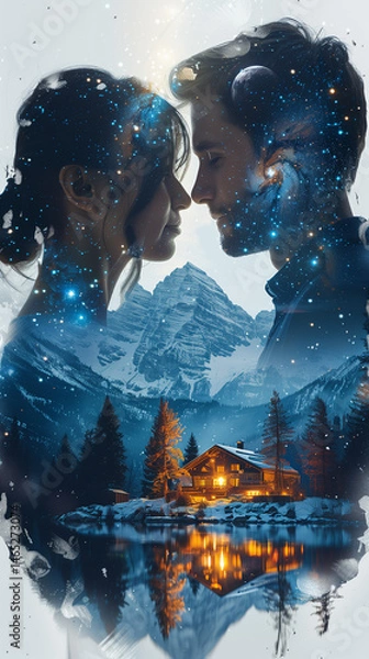 Fototapeta Romantic double exposure of couple facing each other with galaxy and mountain cabin overlay