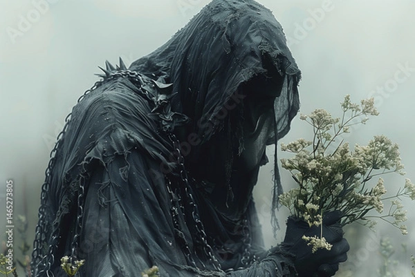 Fototapeta Dark cloaked humanoid figure with chains and spikes holds a bouquet of white wildflowers.