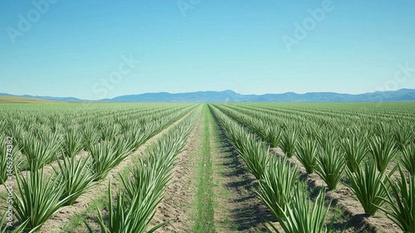 Fototapeta A scenic onion field with green stalks swaying under a clear sky, capturing the beauty of nature