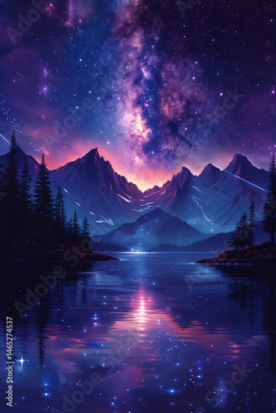 Fototapeta Night sky full of stars reflecting in a calm mountain lake with snowy peaks and silhouette pine trees