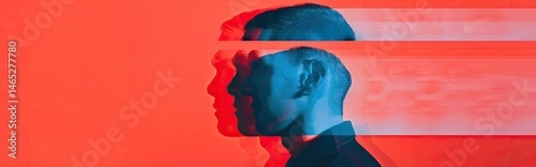 Obraz Abstract glitch art portrait featuring a man silhouetted in red and blue hues against a vibrant orange background