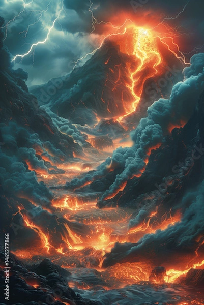 Fototapeta Molten lava streams flow down erupting volcano under stormy sky with lightning strikes