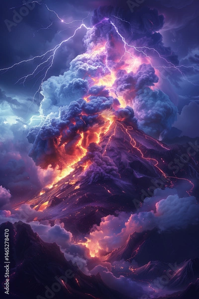 Fototapeta Eruption of a massive volcano with glowing lava and lightning illuminating dark clouds