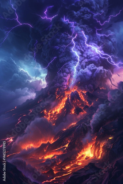 Fototapeta Powerful volcanic eruption with lava flows and lightning under a dark stormy sky