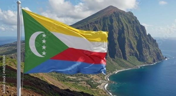 Fototapeta Waving Comorian Flag Representing Island Unity Against the Volcanic Coastal Landscape of the Archipelago