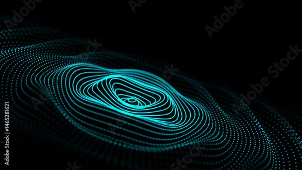 Obraz Futuristic blue sound or pulse wave texture. Portal grid, circle warm hole frame. Background for banner design. Big data visualization. 3d rendering.