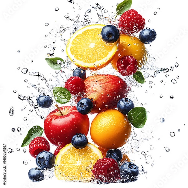 Fototapeta Radiant Fresh Fusion IV Creative Blend of Apple Citrus with Fruit and Water Splash Isolated on Transparent Background