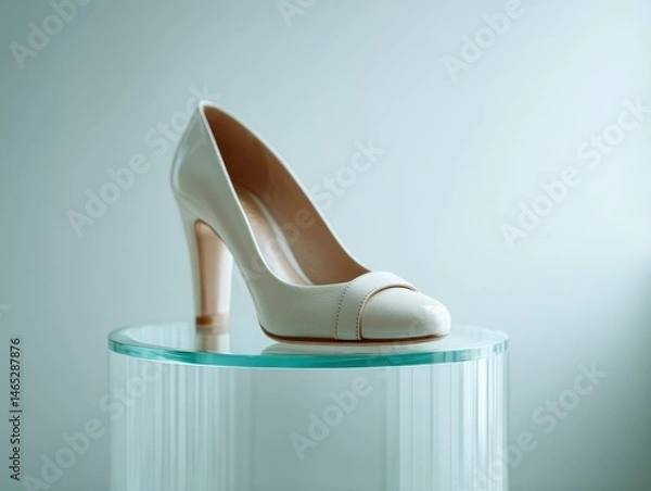 Fototapeta A sleek women's shoe displayed on a transparent glass pedestal, with minimalist design and soft, set against a neutral background for a modern touch.