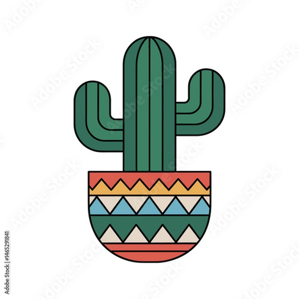 Obraz Cactus in Pot: A vibrant cactus with green stems and multiple arms sits proudly in a colorful patterned pot, symbolizing resilience and growth. 