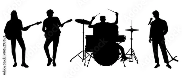 Fototapeta Silhouette of four musicians playing instruments and singing, isolated on white background.