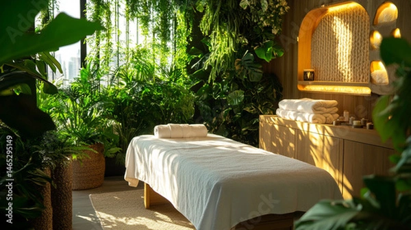 Fototapeta Serene spa room with lush greenery and relaxing atmosphere for rejuvenation in the heart of the city