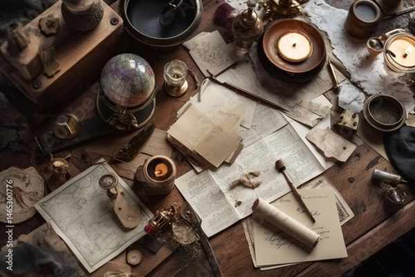 Obraz Antique Desk Scattered with Documents and Items