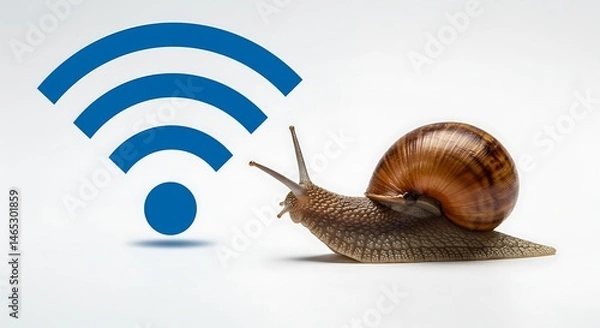 Obraz Snail slowly moving towards a wifi symbol on white background, a metaphor for slow internet connection or technological lag