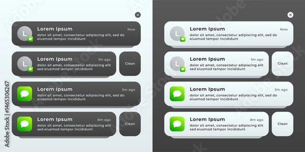 Fototapeta Set of pop-up push notification templates for dark and light themes, vector illustration.