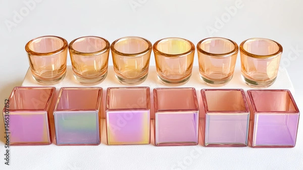 Fototapeta Glass cup and square glass container set in pastel colors arranged in two rows on white surface, creating soft and elegant display with warm and cool tones