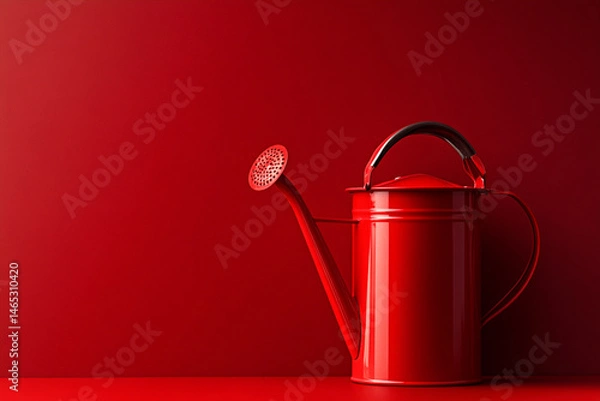 Fototapeta Bright red watering can stands against a matching red wall in a minimalist setting showcasing vibrant color contrast