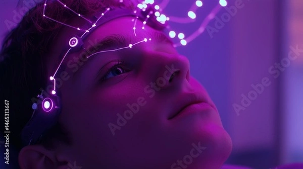 Fototapeta Young Man with Brain-Mapping Tech