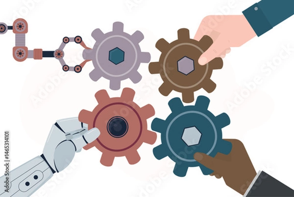 Fototapeta Teamwork. Support of AI. Human and robotic hands connecting gears. People and robots working together. Artificial intelligence, automation, workforce, technology concept.