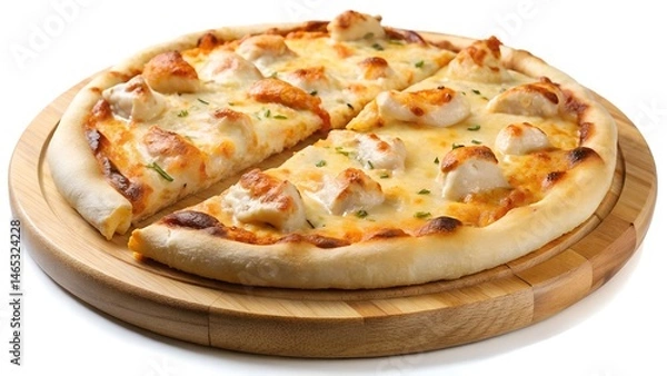 Obraz Sliced Chicken and Mozzarella Pizza on a Wooden Board