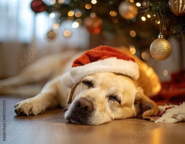 Fototapeta Adorable Labrador in Santa Hat by Christmas Tree. Generate by Ai