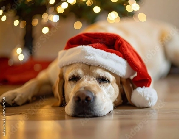 Fototapeta Adorable Labrador in Santa Hat by Christmas Tree. Generate by Ai