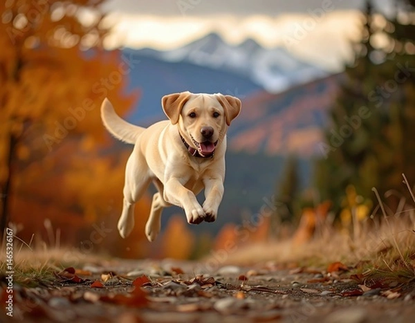 Fototapeta Joyful Labrador Running Through Autumn Forest. Generate by Ai