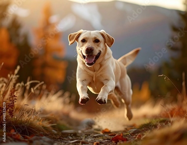 Fototapeta Joyful Labrador Running Through Autumn Forest. Generate by Ai