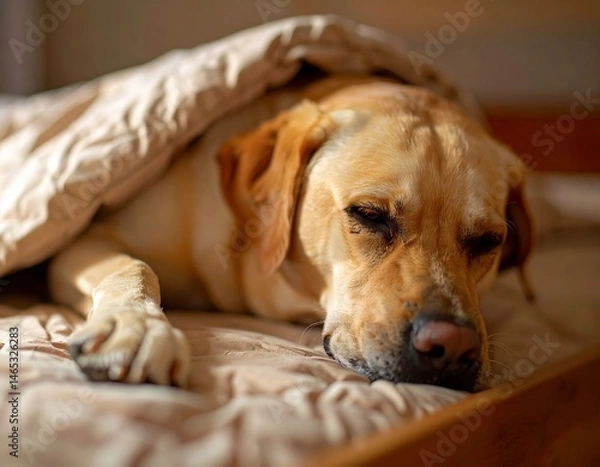 Fototapeta Cozy Labrador Sleeping Under a Blanket. Generate of AI.