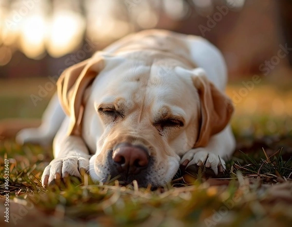 Fototapeta Labrador Resting Peacefully in Autumn Grass. Generate by AI.