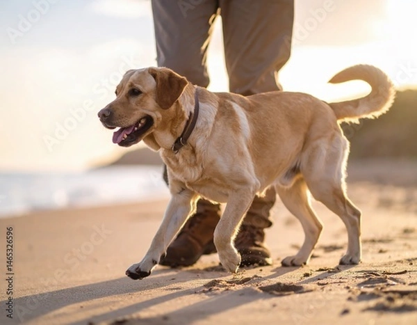 Fototapeta Golden Retriever Enjoying a Sunset Beach Walk Generate by Ai