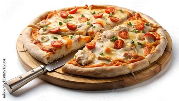 Obraz Sliced Pizza with Chicken, Tomatoes, and Basil on a Wooden Board