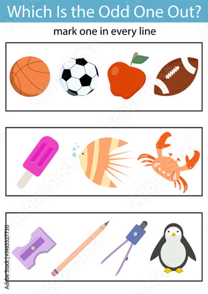 Fototapeta Which is the odd one out? Logical activity for kids. Educational game worksheet for children for attention skills. Find the correct picture.
