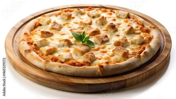 Obraz Chicken and Cheese Pizza with Fresh Basil on a Wooden Board