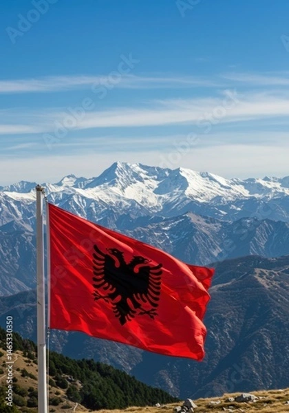 Fototapeta Waving Albanian Flag with Double-Headed Eagle Against the Dramatic Peaks of the Albanian Alps