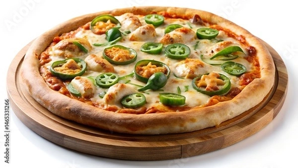 Obraz Spicy Chicken and Jalapeno Pizza on a Wooden Board