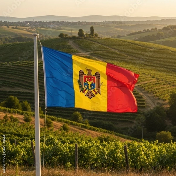 Fototapeta Waving Moldovan Flag Symbolizing Rich Land Over Rolling Hills Covered in Productive Vineyards