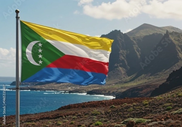 Fototapeta Waving Comorian Flag Representing Island Unity Against the Volcanic Coastal Landscape of the Archipelago