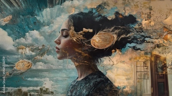 Fototapeta Profile of serene female face integrated with cloudy sky, cityscape, golden accents, and window architectural element.