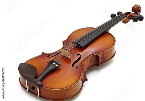 Obraz Close up of a brown violin with black strings and tuning pegs on a white background surface view