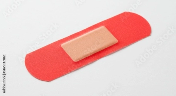 Fototapeta Red Adhesive Bandage on White Background - Close-up view of a single red adhesive bandage with a light beige plaster pad, isolated on a white background