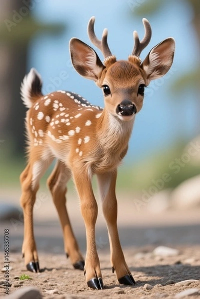 Fototapeta there is a small deer that is standing on the ground