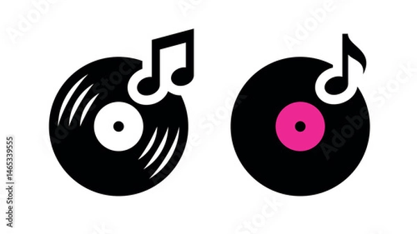 Fototapeta Vinyl record and note icon. Music or listening symbol. Playlist or music album icon on the web. Designation of melody, music or song, movie or video.