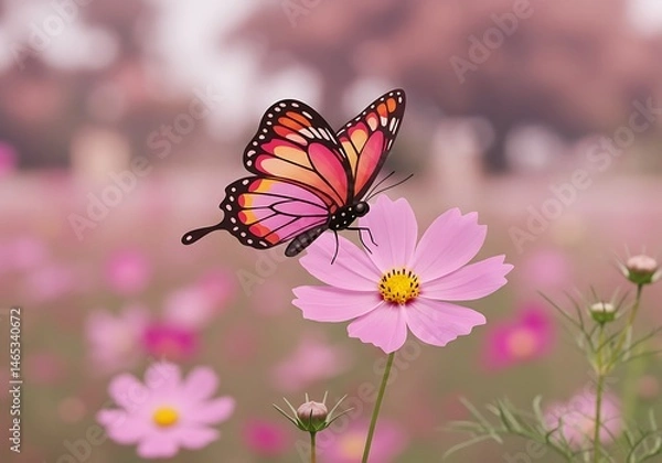 Fototapeta Pink Butterfly on Cosmos Flower in Field