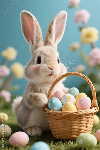 Obraz there is a small bunny sitting next to a basket of eggs