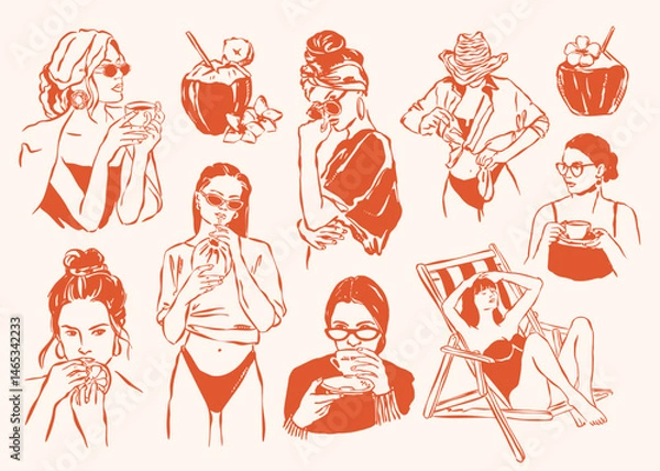 Fototapeta Sketch style collection of female silhouettes.